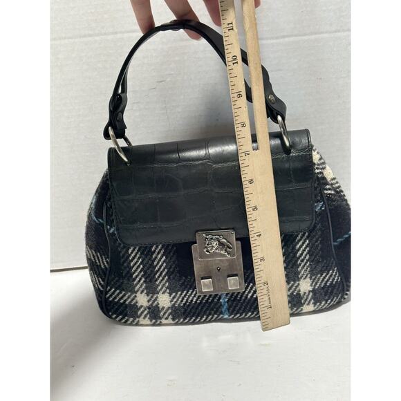 BURBERRY LONDON Croc Embossed Leather Tartan Wool Satchel Purse Bag Authentic - Picture 13 of 16